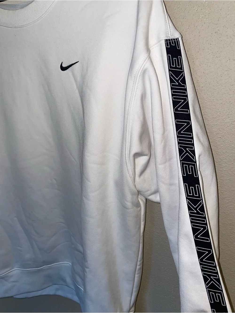 Nike White Crewneck Sweatshirt with Black Swoosh and Sleeve Tape